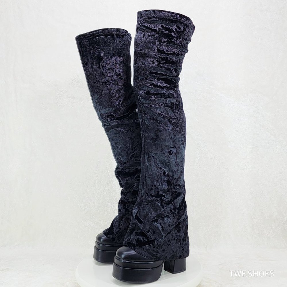 Unique Thigh High Black Velvet Fold over Skirted Chunky Heel Platform Boots - Picture 7 of 17